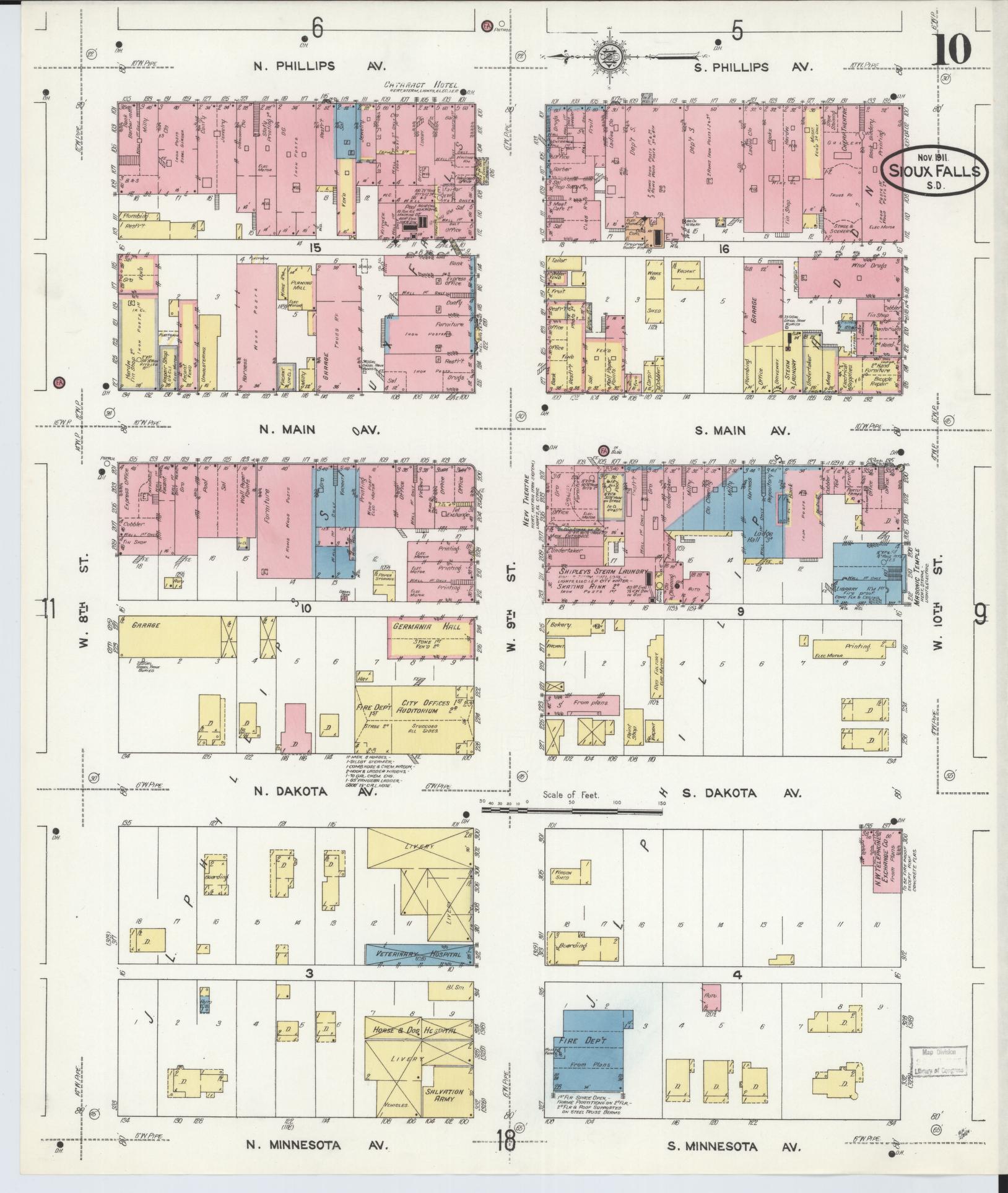 Sanborn Fire Insurance Map from Sioux Falls, Minnehaha County, South Dakota (1911), Sheet #0010 - Historic Sanborn Fire Insurance Map Print, vintage old map wall art, antique decor, genealogy gift, South Dakota South Dakota map