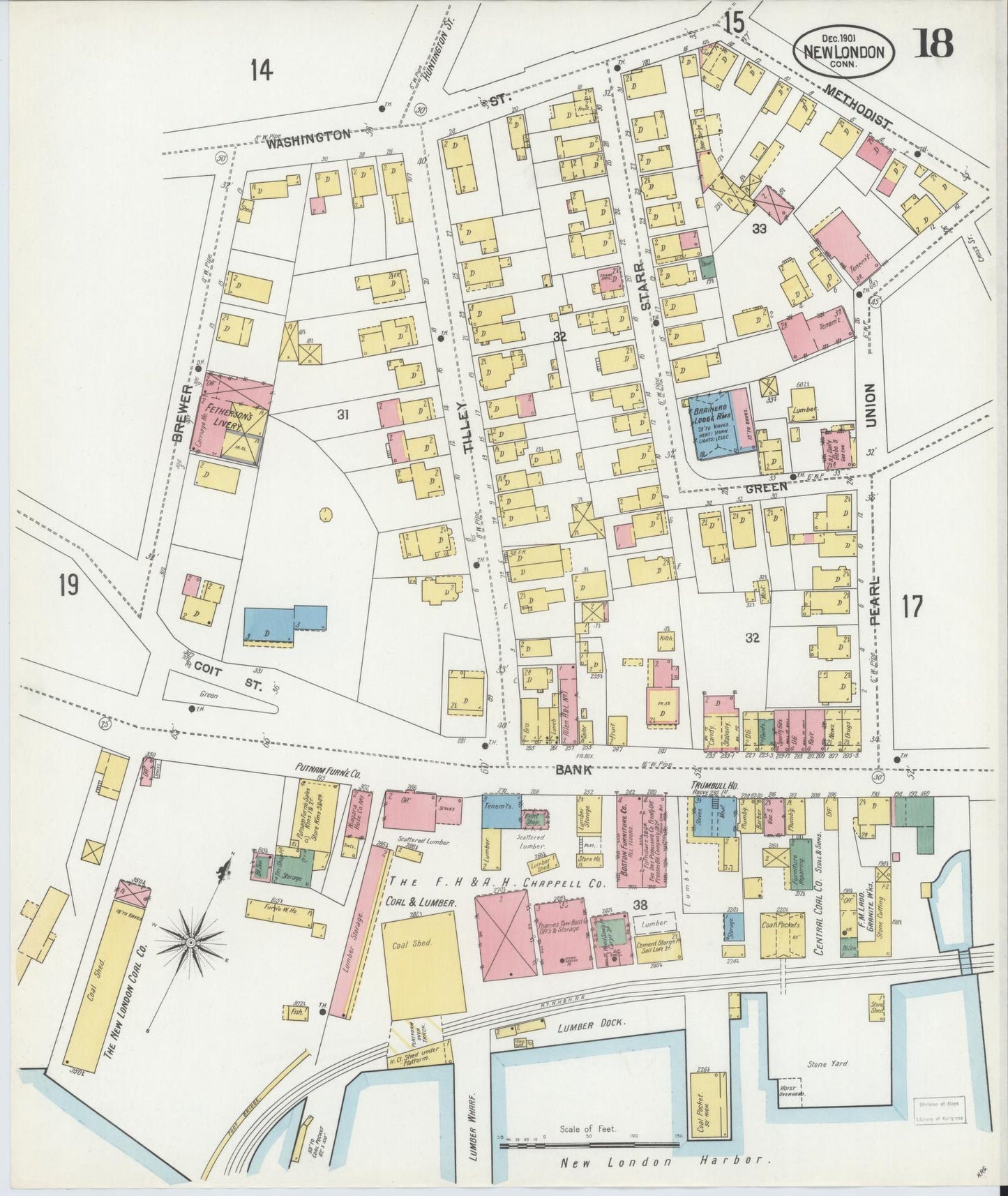 Sanborn Fire Insurance Map from New London, New London County, Connecticut (1901), Sheet #0018 - Complete Map Set gallery image, historic Sanborn map, vintage wall art, Connecticut Connecticut