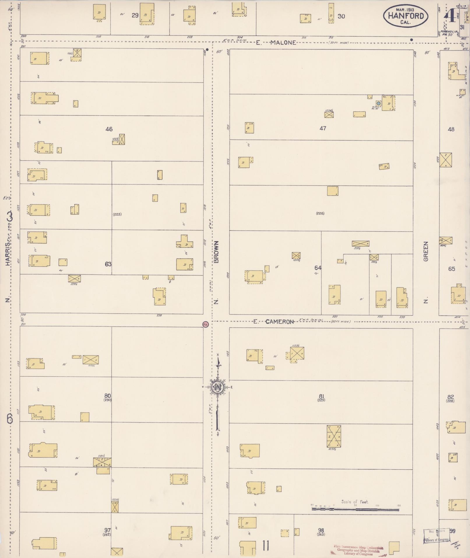 Sanborn Fire Insurance Map from Hanford, Kings County, California (1913), Sheet #0004 - Historic Sanborn Fire Insurance Map Print, vintage old map wall art, antique decor, genealogy gift, California California map