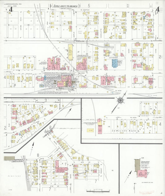 Sanborn Fire Insurance Map from Lawrenceburg, Dearborn County, Indiana (1939), Sheet #0004 - Historic Sanborn Fire Insurance Map Print, vintage old map wall art, antique decor, genealogy gift, Indiana Indiana map