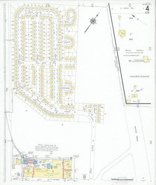 Sanborn Fire Insurance Map from Millbrae, San Mateo County, California (1949), Sheet #0004 - Historic Sanborn Fire Insurance Map Print, vintage old map wall art, antique decor, genealogy gift, California California map