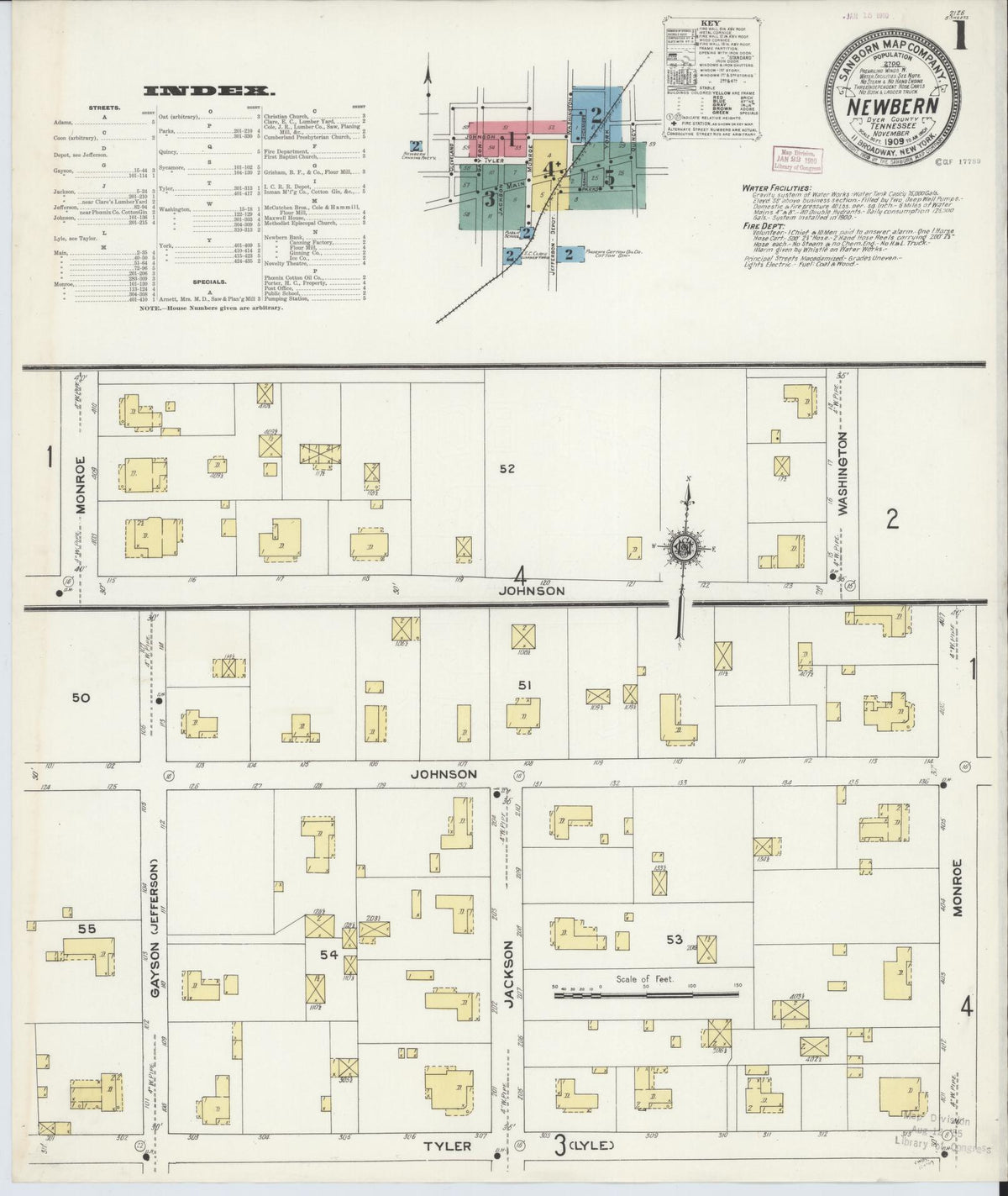 Sanborn Fire Insurance Map from Newbern, Dyer County, Tennessee (1909), Sheet #0001 - Historic Sanborn Fire Insurance Map Print, vintage old map wall art, antique decor, genealogy gift, Tennessee Tennessee map