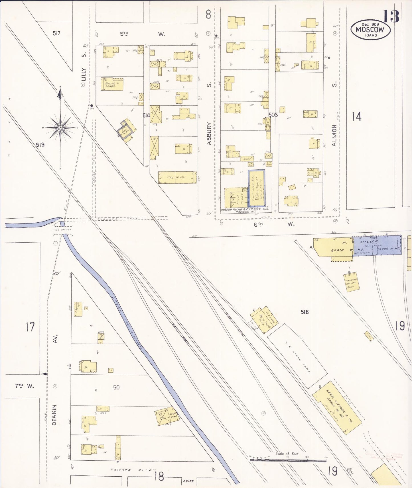 Sanborn Fire Insurance Map from Moscow, Latah County, Idaho (1909), Sheet #0013 - Historic Sanborn Fire Insurance Map Print, vintage old map wall art, antique decor, genealogy gift, Idaho Idaho map