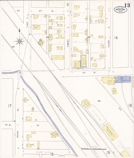 Sanborn Fire Insurance Map from Moscow, Latah County, Idaho (1909), Sheet #0013 - Historic Sanborn Fire Insurance Map Print, vintage old map wall art, antique decor, genealogy gift, Idaho Idaho map