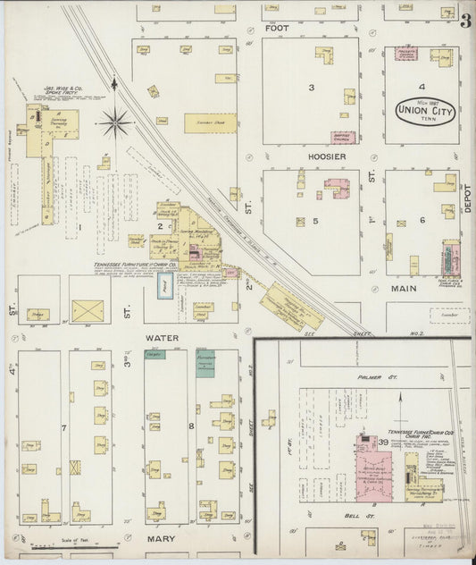 Sanborn Fire Insurance Map from Union City, Obion County, Tennessee (1887), Sheet #0003 - Historic Sanborn Fire Insurance Map Print, vintage old map wall art, antique decor, genealogy gift, Tennessee Tennessee map