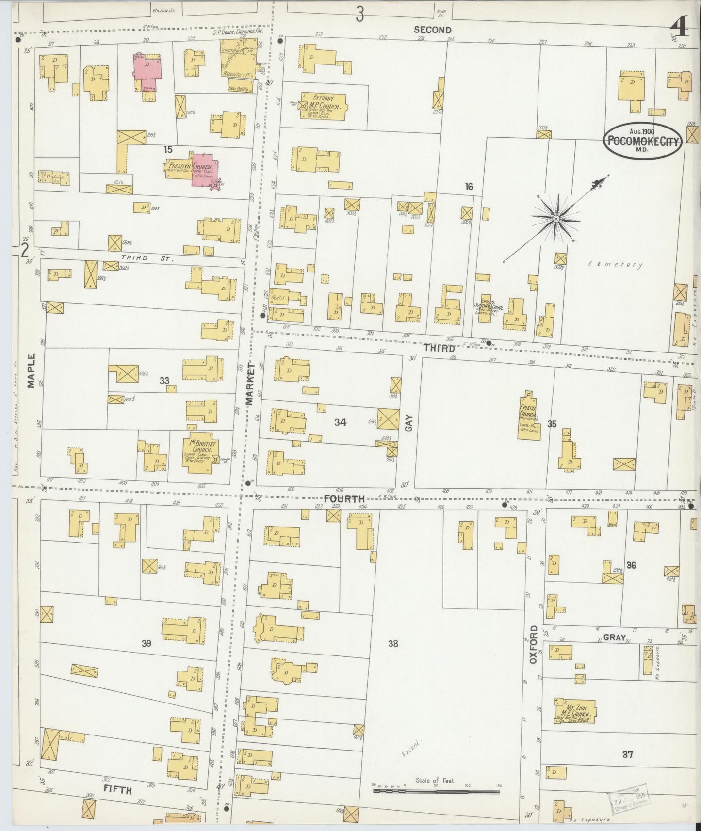 Sanborn Fire Insurance Map from Pocomoke City, Worcester County, Maryland (1900), Sheet #0004 - Historic Sanborn Fire Insurance Map Print, vintage old map wall art