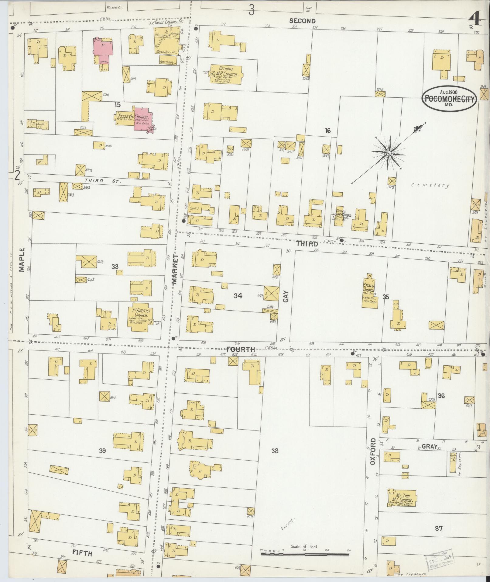 Sanborn Fire Insurance Map from Pocomoke City, Worcester County, Maryland (1900), Sheet #0004 - Historic Sanborn Fire Insurance Map Print, vintage old map wall art