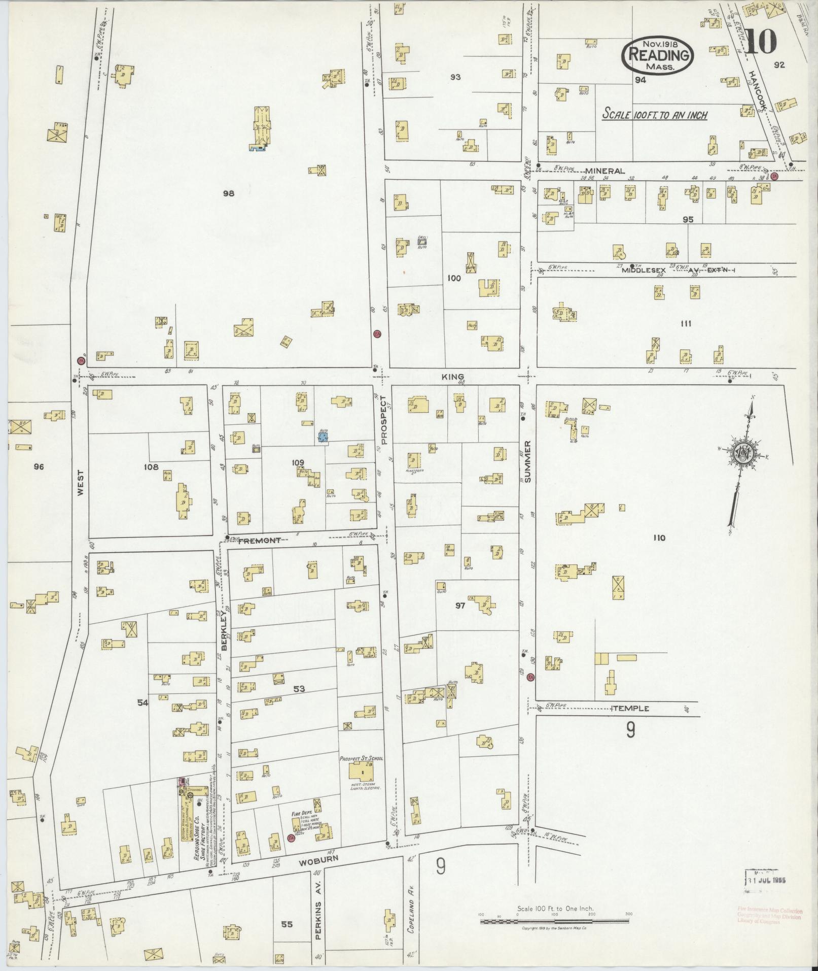 Sanborn Fire Insurance Map from Reading, Middlesex County, Massachusetts (1918), Sheet #0010 - Historic Sanborn Fire Insurance Map Print, vintage old map wall art, antique decor, genealogy gift, Massachusetts Massachusetts map