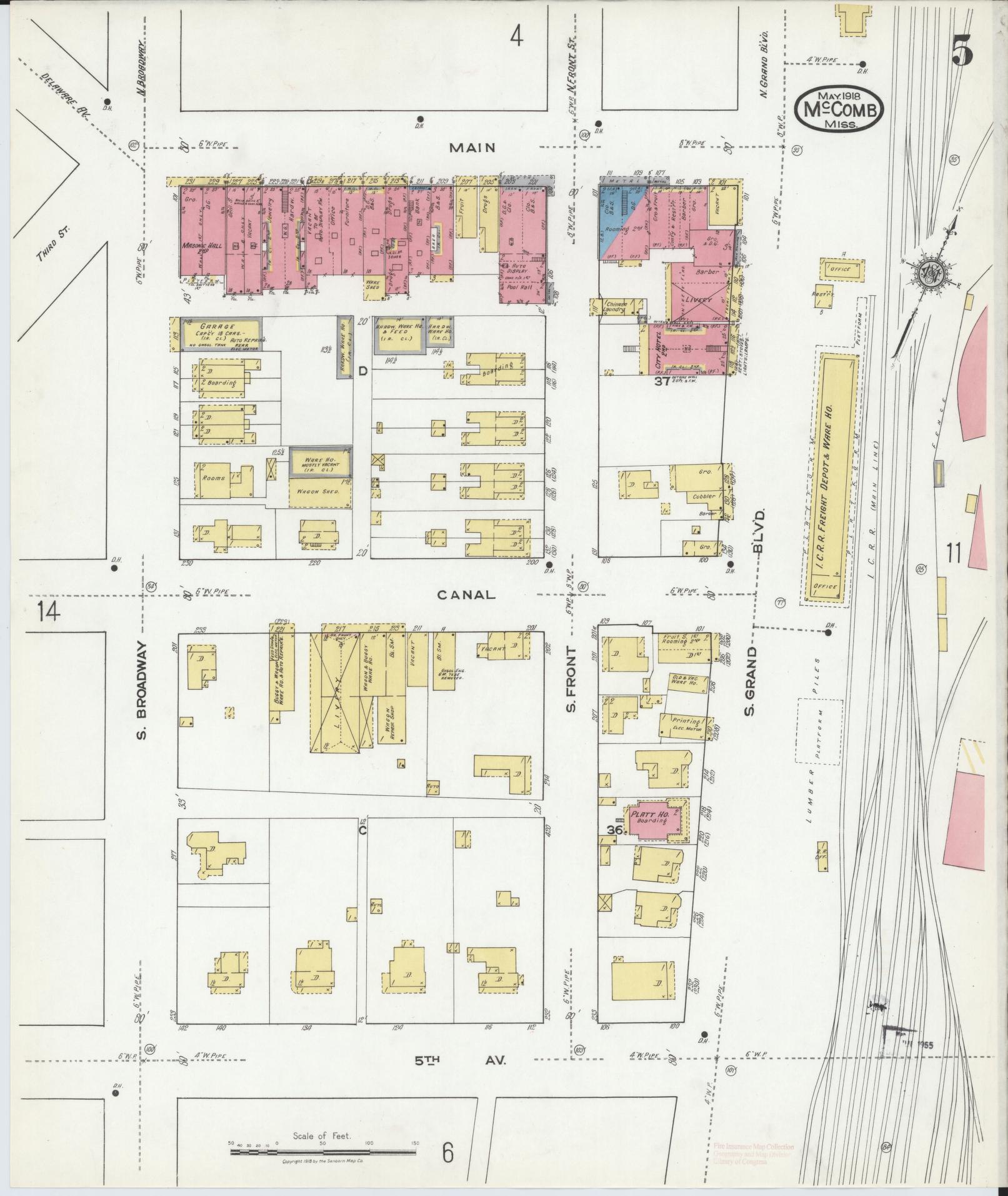 Sanborn Fire Insurance Map from McComb, Pike County, Mississippi (1918), Sheet #0005 - Historic Sanborn Fire Insurance Map Print, vintage old map wall art, antique decor, genealogy gift, Mississippi Mississippi map