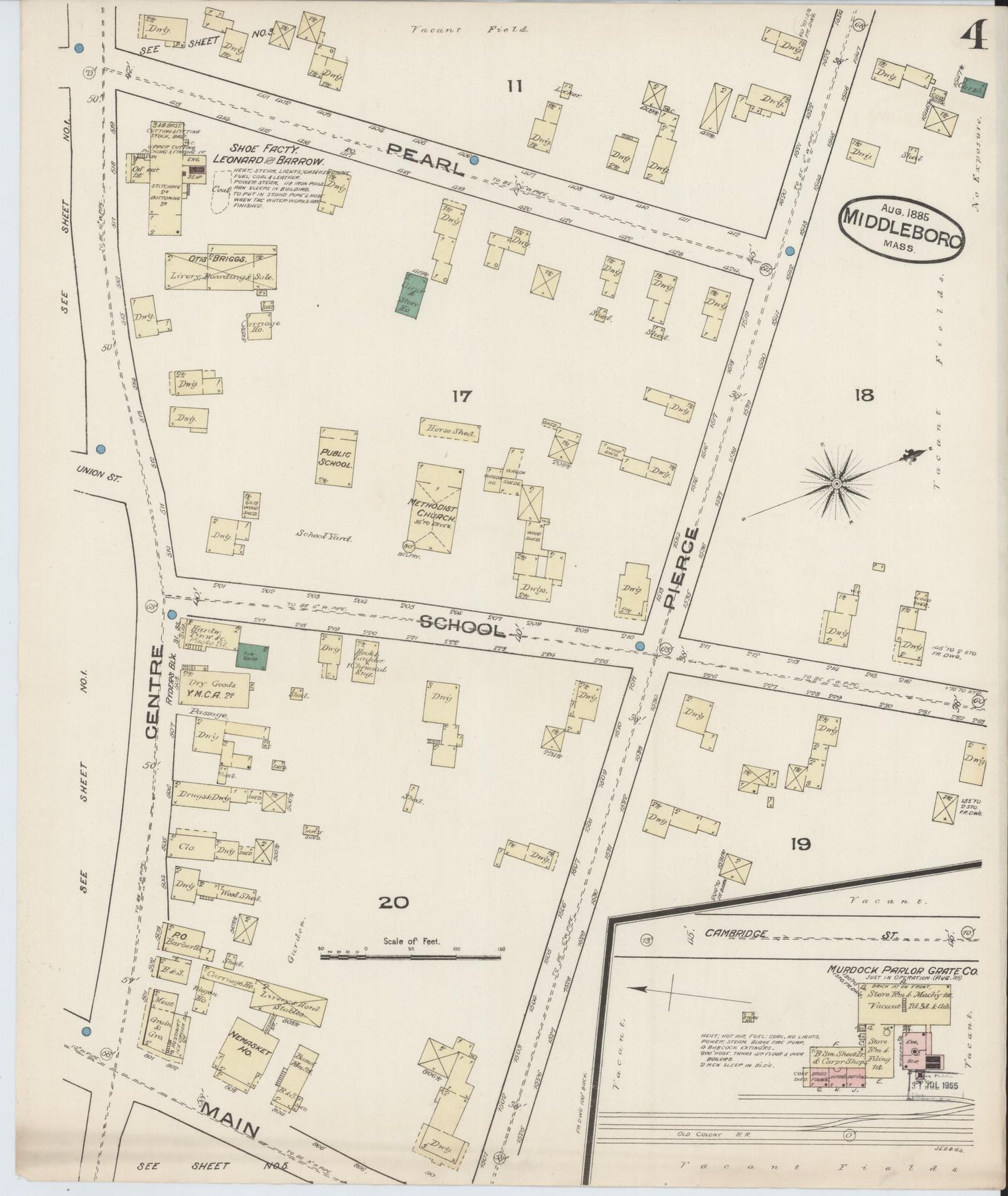 Sanborn Fire Insurance Map from Middleboro, Plymouth County, Massachusetts (1885), Sheet #0004 - Complete Map Set gallery image, historic Sanborn map, vintage wall art, Massachusetts Massachusetts