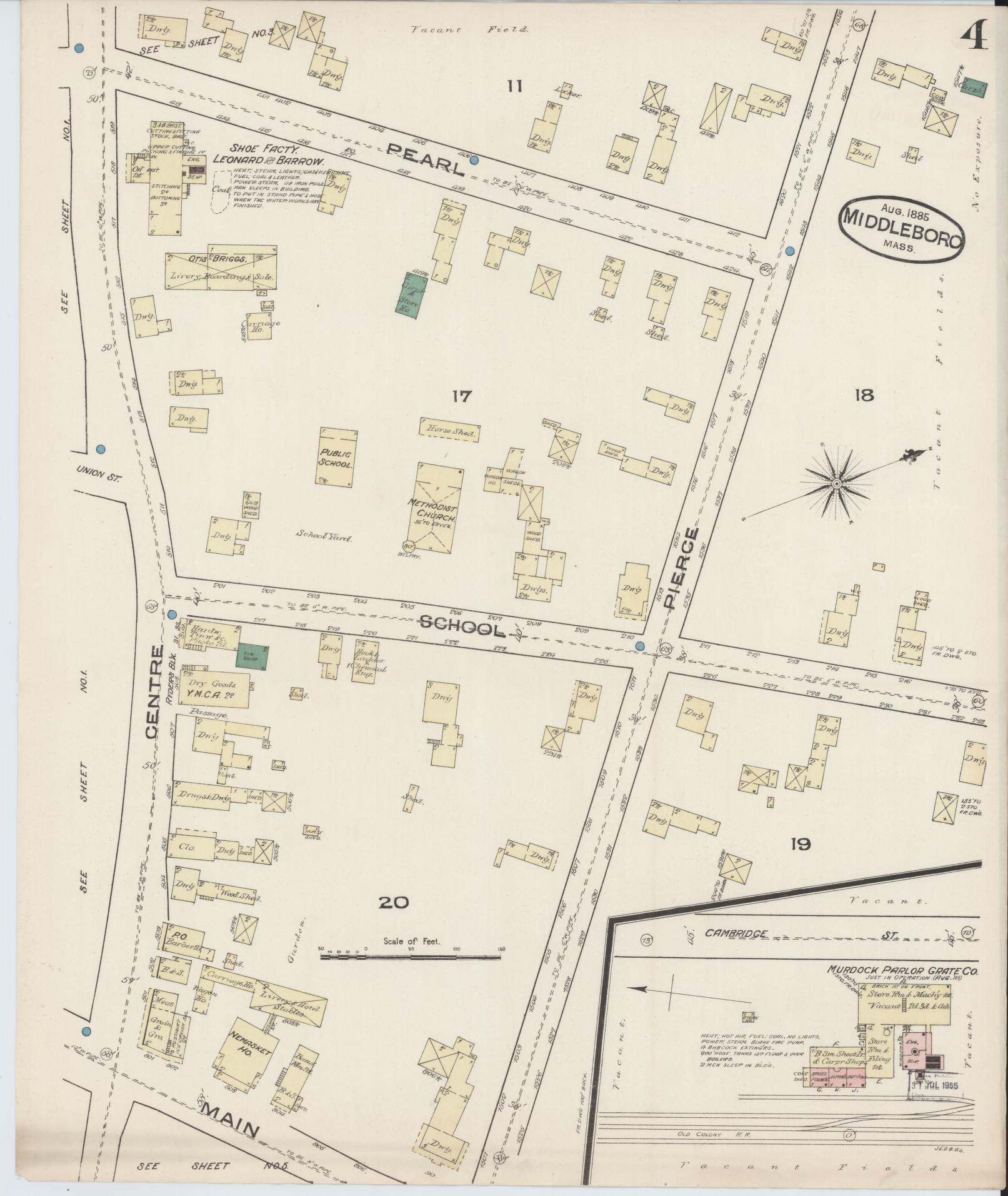 Sanborn Fire Insurance Map from Middleboro, Plymouth County, Massachusetts (1885), Sheet #0004 - Complete Map Set gallery image, historic Sanborn map, vintage wall art, Massachusetts Massachusetts