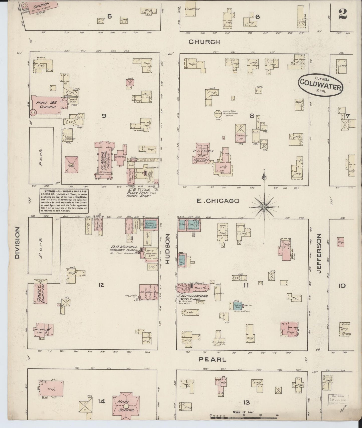 Sanborn Fire Insurance Map from Coldwater, Branch County, Michigan (1884), Sheet #0002 - Historic Sanborn Fire Insurance Map Print, vintage old map wall art, antique decor, genealogy gift, Michigan Michigan map