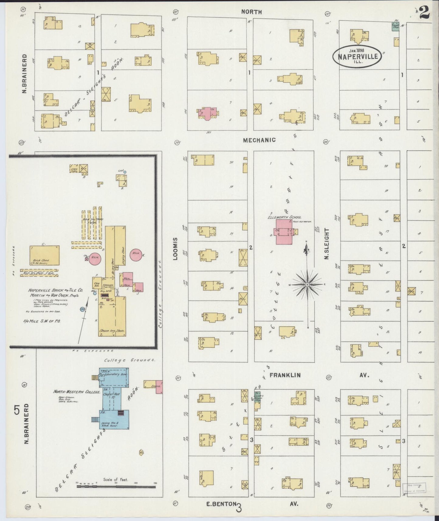 Sanborn Fire Insurance Map from Naperville, Du Page County, Illinois (1898), Sheet #0002 - Complete Map Set gallery image, historic Sanborn map, vintage wall art, Illinois Illinois