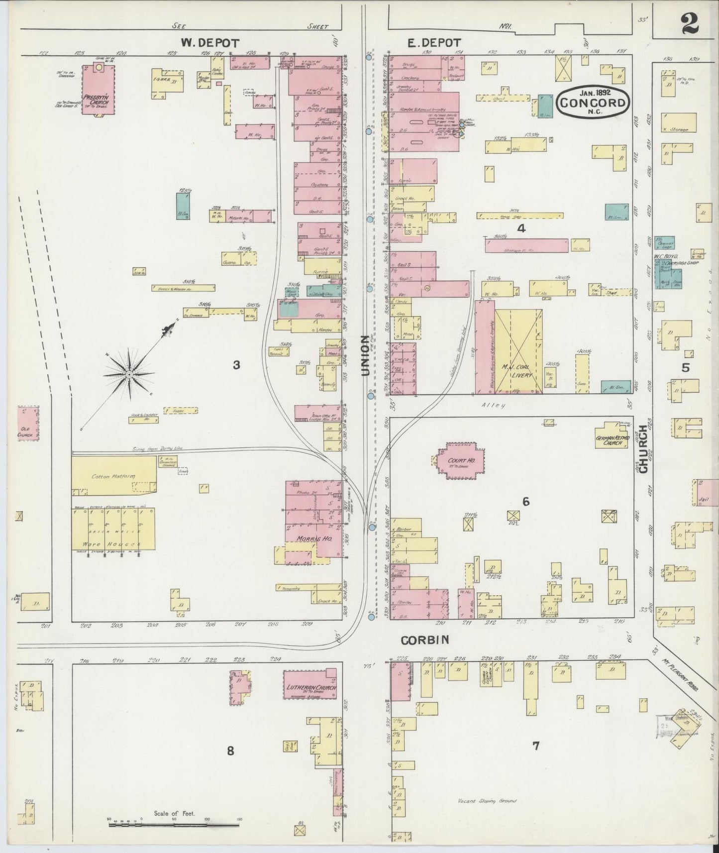 Sanborn Fire Insurance Map from Concord, Cabarrus County, North Carolina (1892), Sheet #0002 - Complete Map Set gallery image, historic Sanborn map, vintage wall art, North Carolina North Carolina