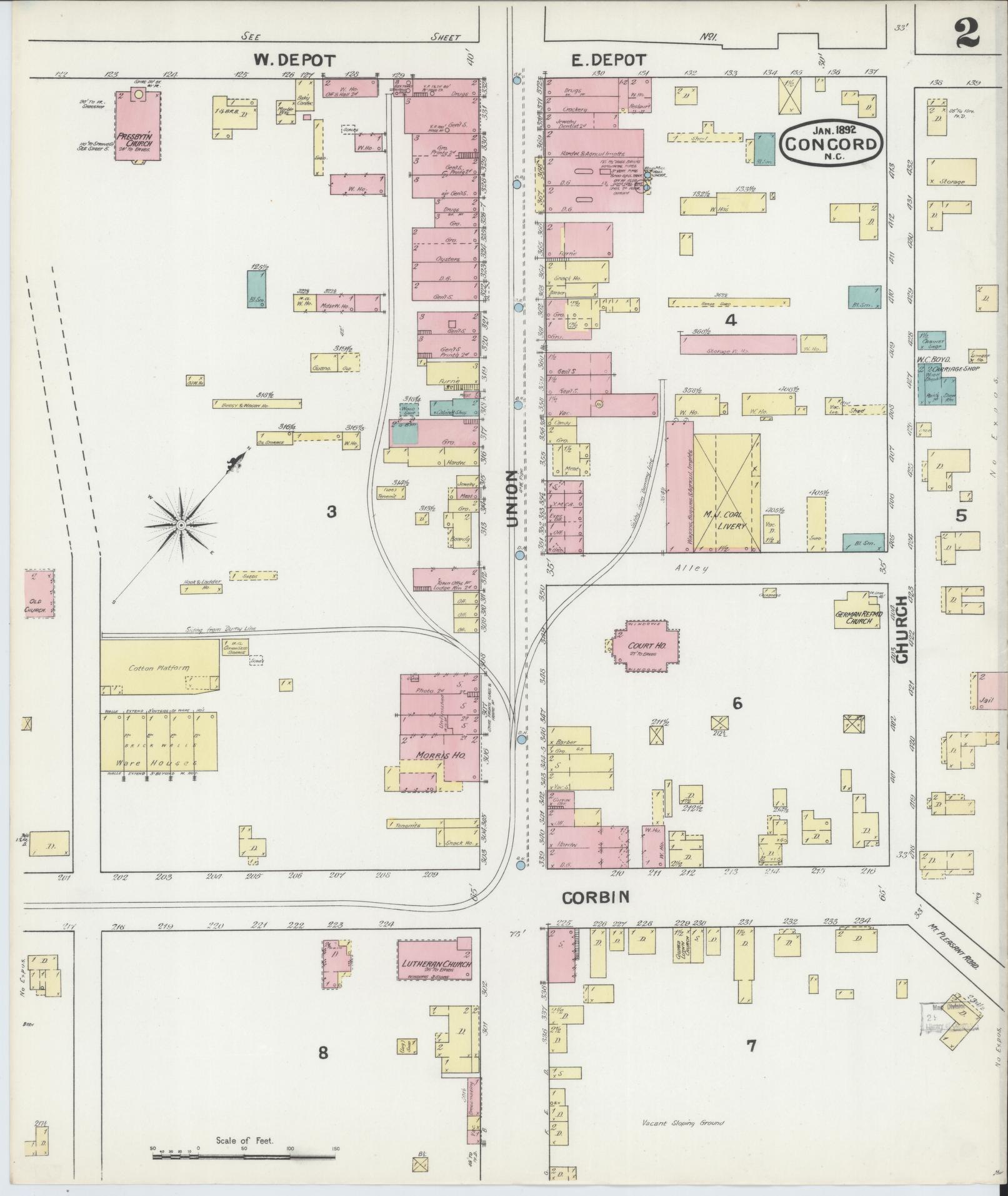 Sanborn Fire Insurance Map from Concord, Cabarrus County, North Carolina (1892), Sheet #0002 - Complete Map Set gallery image, historic Sanborn map, vintage wall art, North Carolina North Carolina