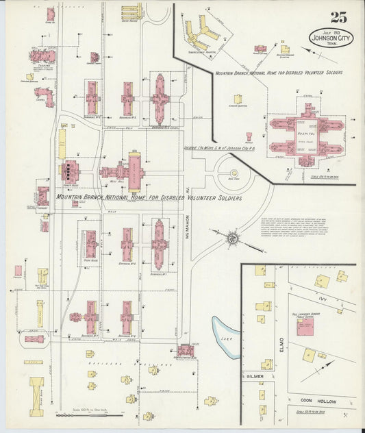 Sanborn Fire Insurance Map from Johnson City, Washington County, Tennessee (1913), Sheet #0025 - Historic Sanborn Fire Insurance Map Print, vintage old map wall art, antique decor, genealogy gift, Tennessee Tennessee map