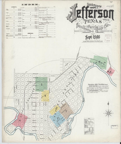 Sanborn Fire Insurance Map from Jefferson, Marion County, Texas (1896), Sheet #0001 - Complete Map Set gallery image, historic Sanborn map, vintage wall art, Texas Texas