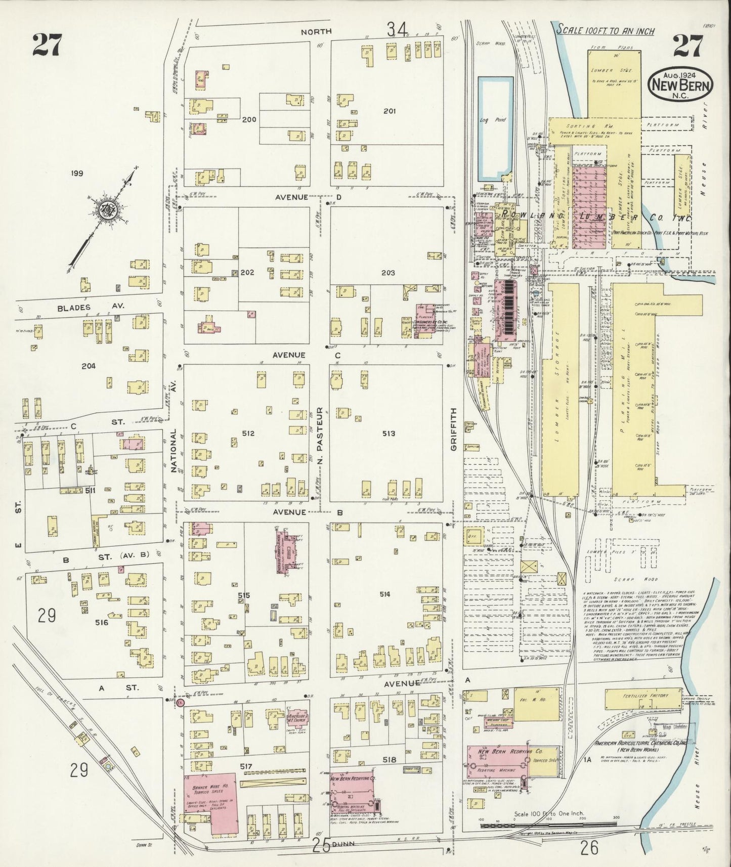 Sanborn Fire Insurance Map from New Bern, Craven County, North Carolina (1924), Sheet #0027 - Historic Sanborn Fire Insurance Map Print, vintage old map wall art, antique decor, genealogy gift, North Carolina North Carolina map