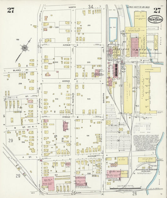 Sanborn Fire Insurance Map from New Bern, Craven County, North Carolina (1924), Sheet #0027 - Historic Sanborn Fire Insurance Map Print, vintage old map wall art, antique decor, genealogy gift, North Carolina North Carolina map