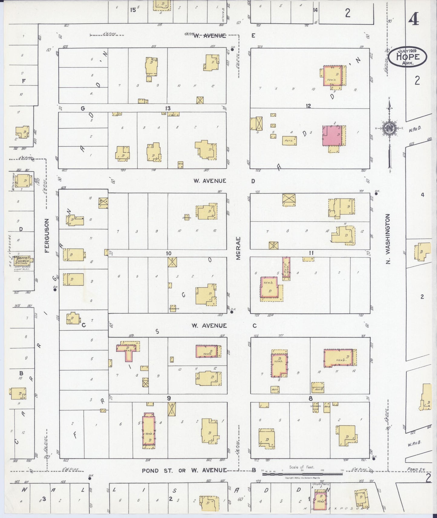 Sanborn Fire Insurance Map from Hope, Hempstead County, Arkansas (1919), Sheet #0004 - Historic Sanborn Fire Insurance Map Print, vintage old map wall art, antique decor, genealogy gift, Arkansas Arkansas map