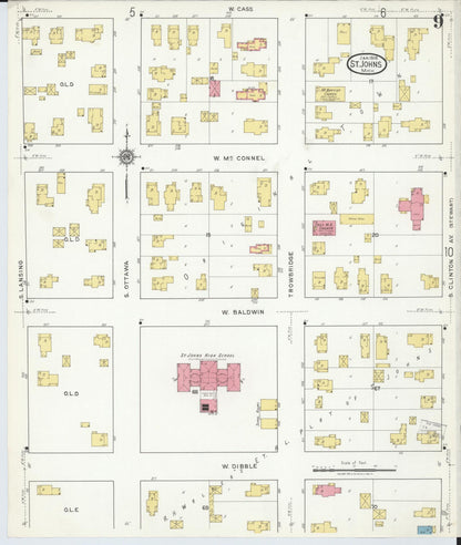 Sanborn Fire Insurance Map from Saint Johns, Clinton County, Michigan (1918), Sheet #0009 - Historic Sanborn Fire Insurance Map Print, vintage old map wall art, antique decor, genealogy gift, Michigan Michigan map