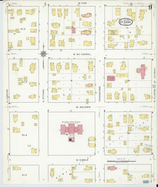Sanborn Fire Insurance Map from Saint Johns, Clinton County, Michigan (1918), Sheet #0009 - Historic Sanborn Fire Insurance Map Print, vintage old map wall art, antique decor, genealogy gift, Michigan Michigan map