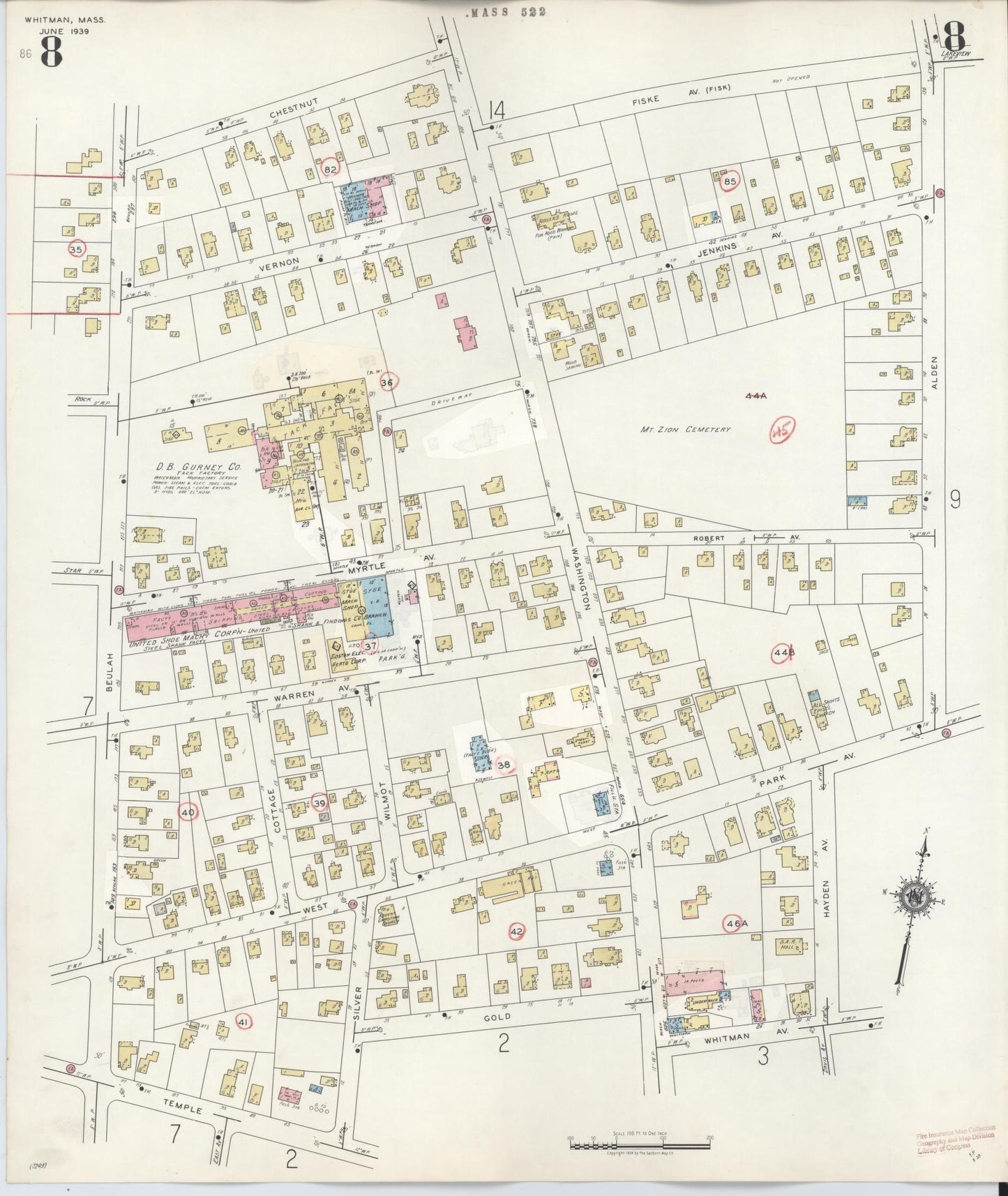 Sanborn Fire Insurance Map from Whitman, Plymouth County, Massachusetts (1950), Sheet #0008 - Complete Map Set gallery image, historic Sanborn map, vintage wall art, Massachusetts Massachusetts