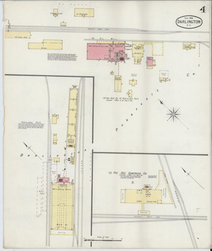 Sanborn Fire Insurance Map from Darlington, Darlington County, South Carolina (1893), Sheet #0004 - Complete Map Set gallery image, historic Sanborn map, vintage wall art, South Carolina South Carolina