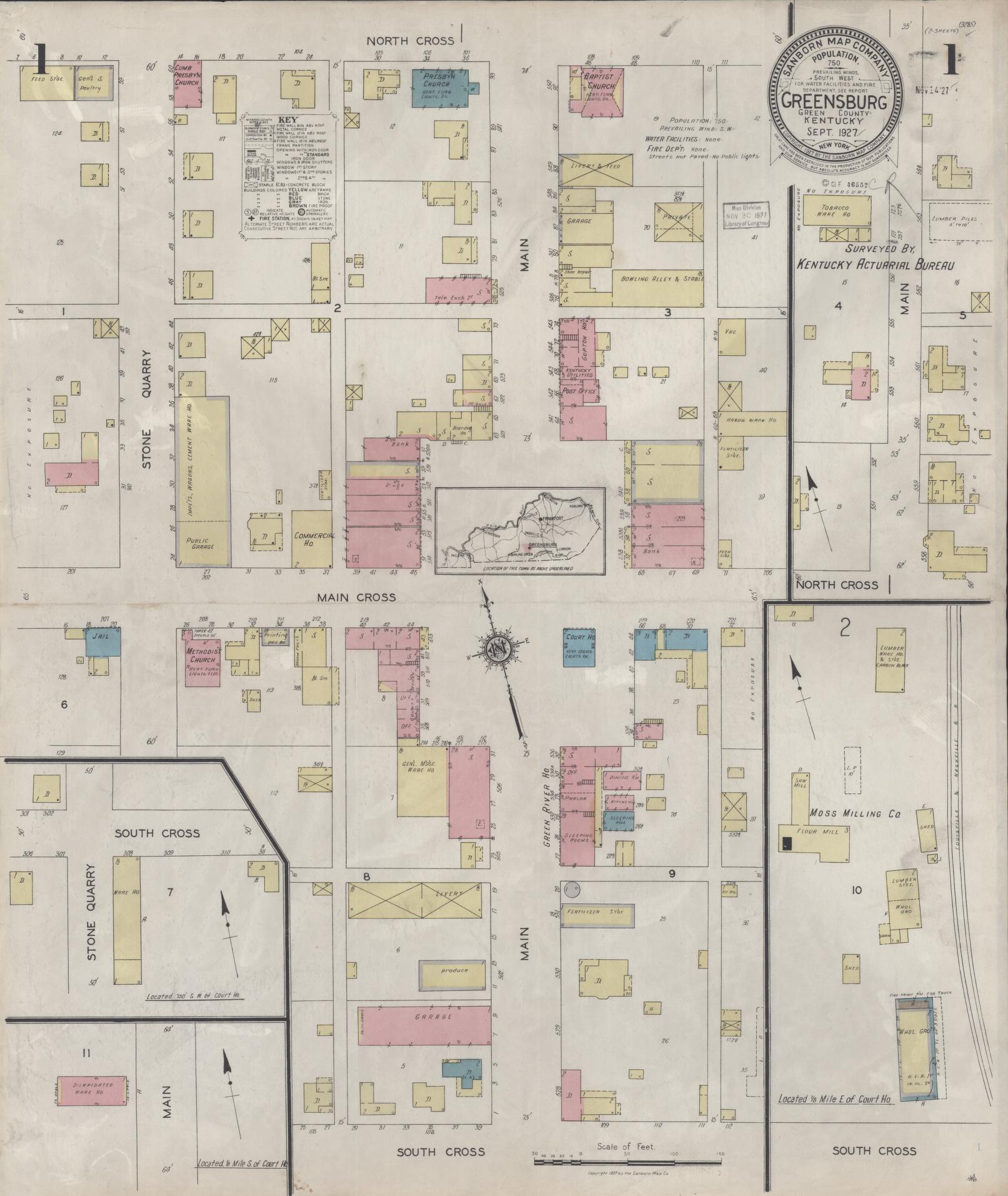 Sanborn Fire Insurance Map from Greensburg, Green County, Kentucky (1927), Sheet #0001 - Complete Map Set gallery image, historic Sanborn map, vintage wall art, Kentucky Kentucky