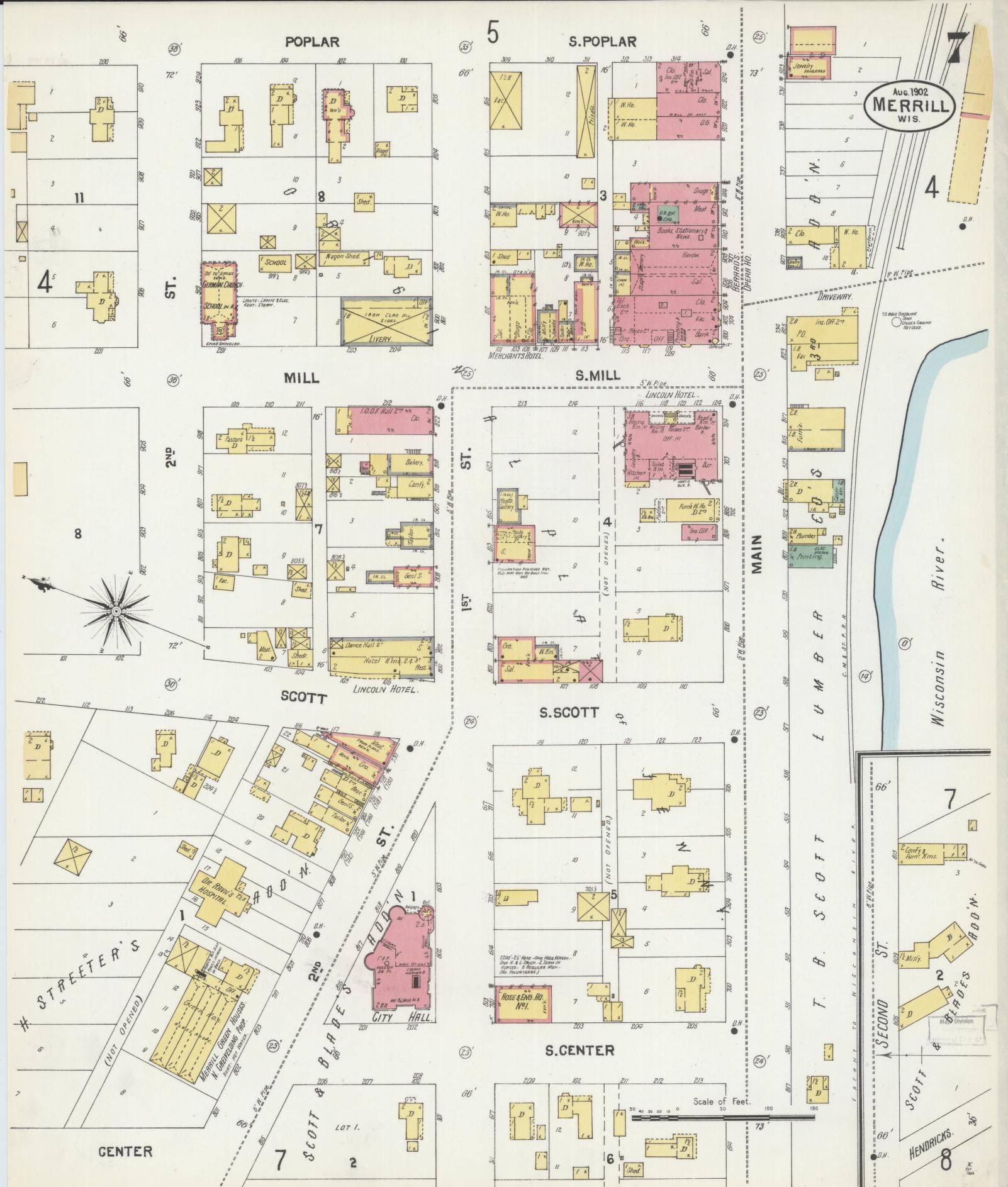 Sanborn Fire Insurance Map from Merrill, Lincoln County, Wisconsin (1902), Sheet #0007 - Complete Map Set gallery image, historic Sanborn map, vintage wall art, Wisconsin Wisconsin