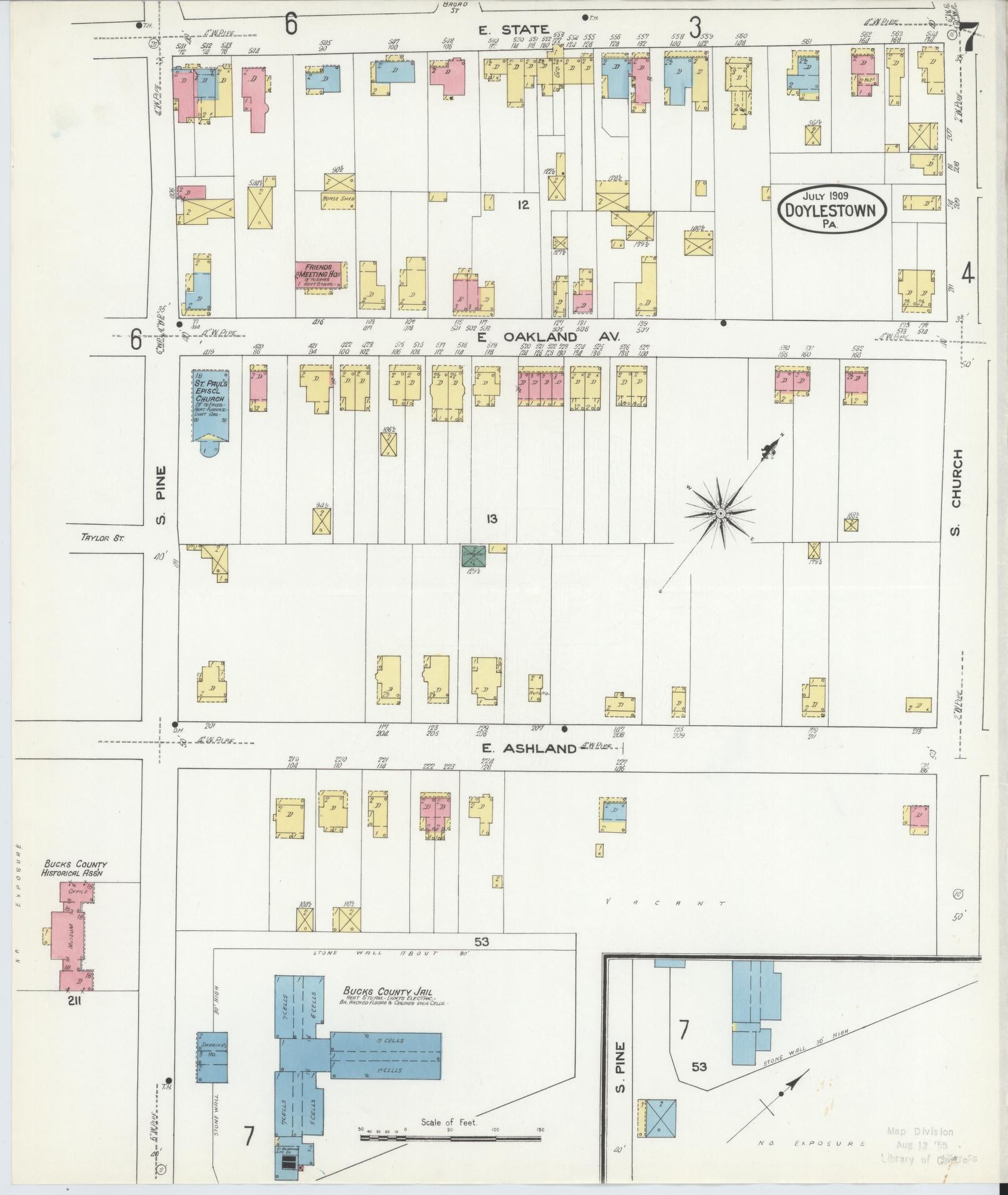 Sanborn Fire Insurance Map from Doylestown, Bucks County, Pennsylvania (1909), Sheet #0007 - Historic Sanborn Fire Insurance Map Print, vintage old map wall art, antique decor, genealogy gift, Pennsylvania Pennsylvania map