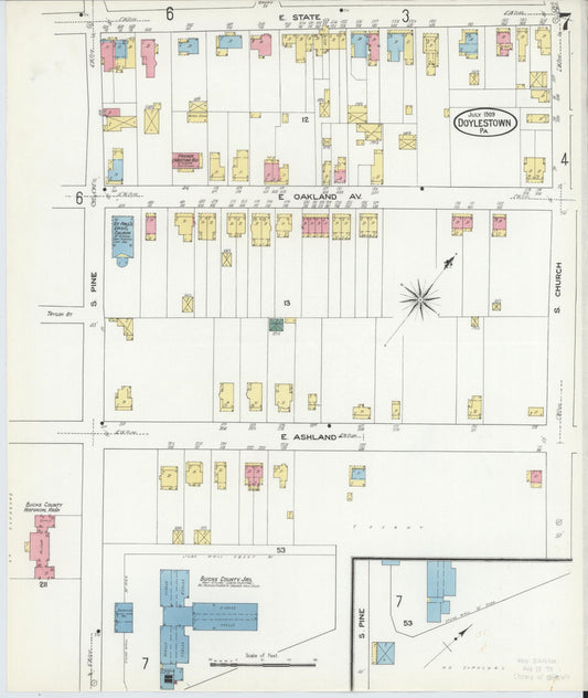 Sanborn Fire Insurance Map from Doylestown, Bucks County, Pennsylvania (1909), Sheet #0007 - Historic Sanborn Fire Insurance Map Print, vintage old map wall art, antique decor, genealogy gift, Pennsylvania Pennsylvania map