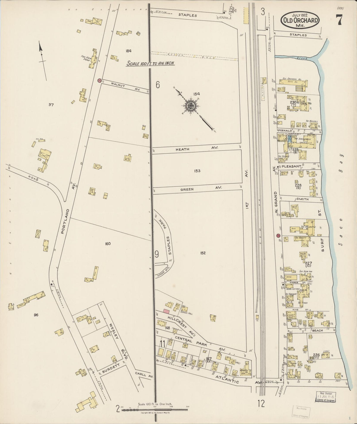 Sanborn Fire Insurance Map from Old Orchard, York County, Maine (1922), Sheet #0007 - Complete Map Set gallery image, historic Sanborn map, vintage wall art, Maine Maine