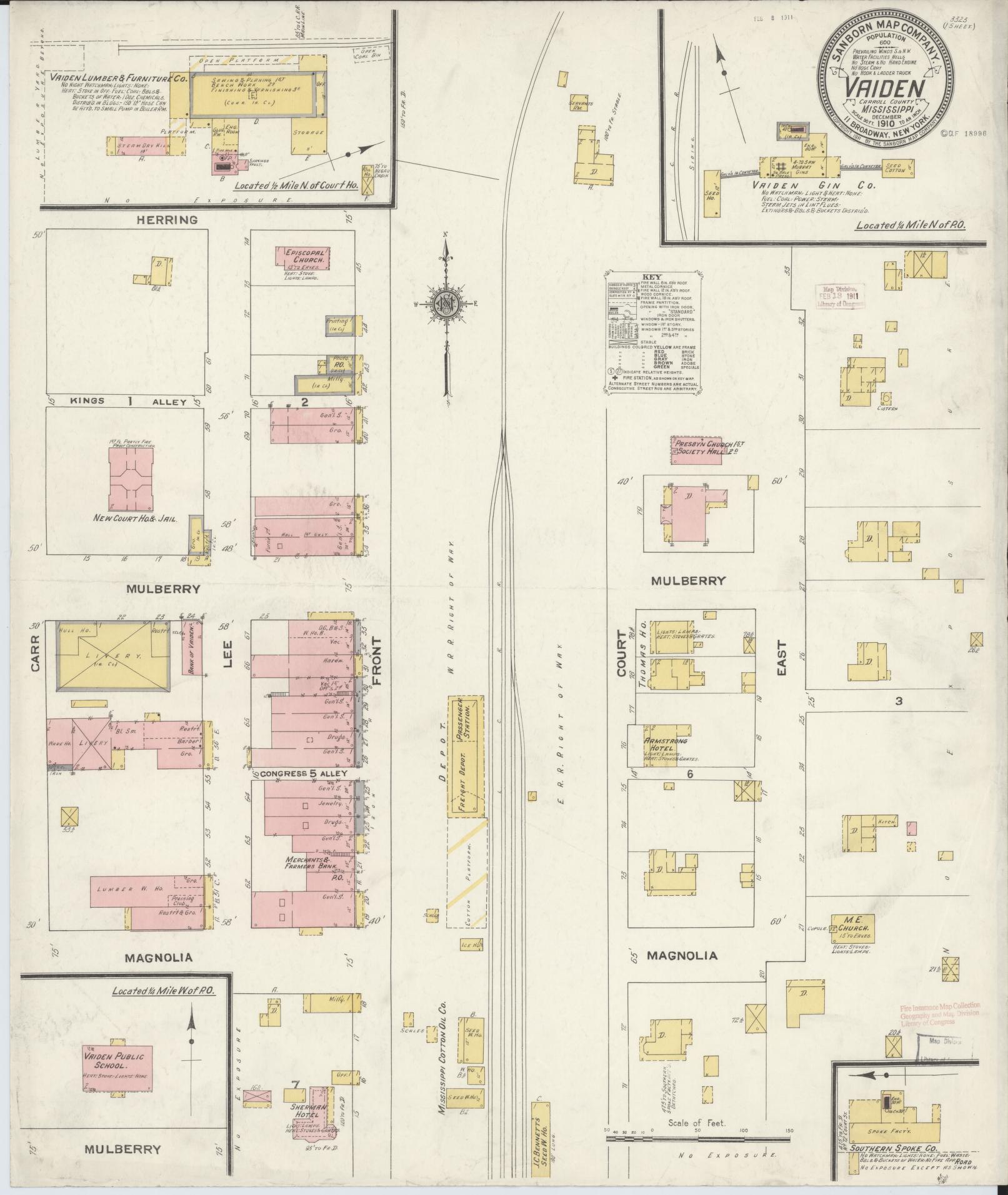 Sanborn Fire Insurance Map from Vaiden, Carroll County, Mississippi (1910), Sheet #0001 - Historic Sanborn Fire Insurance Map Print, vintage old map wall art, antique decor, genealogy gift, Mississippi Mississippi map