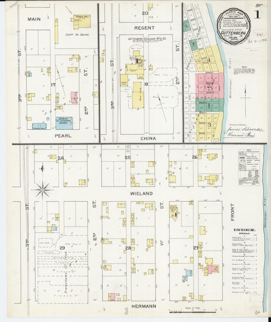 Sanborn Fire Insurance Map from Guttenberg, Clayton County, Iowa (1894), Sheet #0001 - Historic Sanborn Fire Insurance Map Print, vintage old map wall art