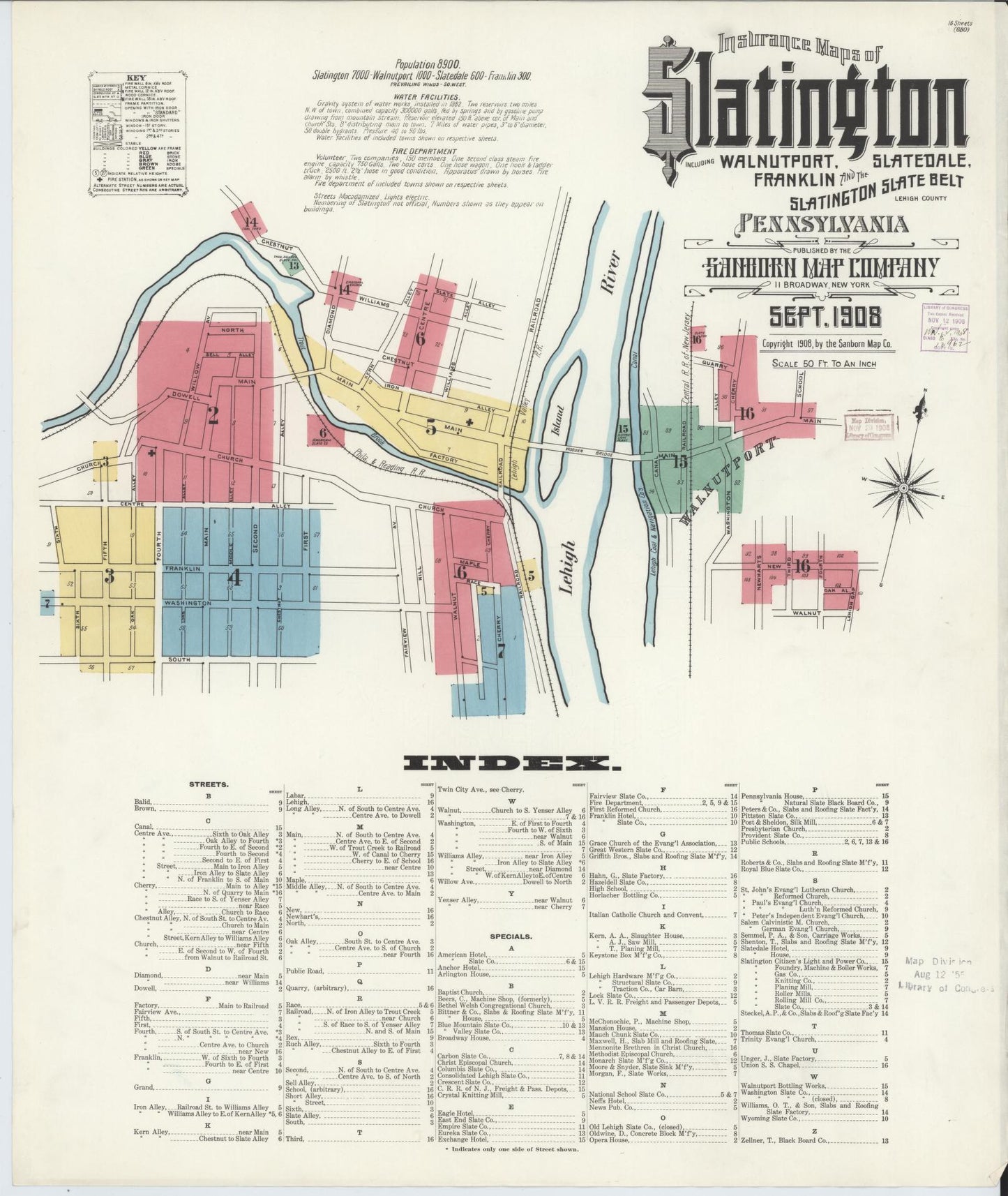 Sanborn Fire Insurance Map from Slatington, Lehigh County, Pennsylvania (1908), Sheet #0001 - Historic Sanborn Fire Insurance Map Print, vintage old map wall art, antique decor, genealogy gift, Pennsylvania Pennsylvania map