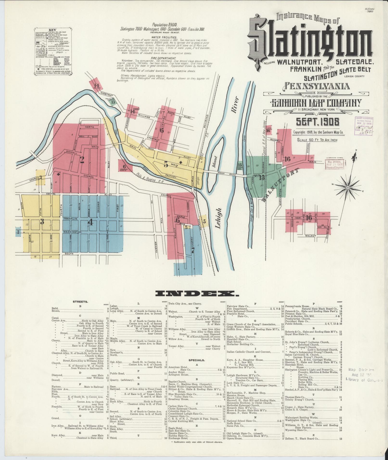 Sanborn Fire Insurance Map from Slatington, Lehigh County, Pennsylvania (1908), Sheet #0001 - Historic Sanborn Fire Insurance Map Print, vintage old map wall art, antique decor, genealogy gift, Pennsylvania Pennsylvania map