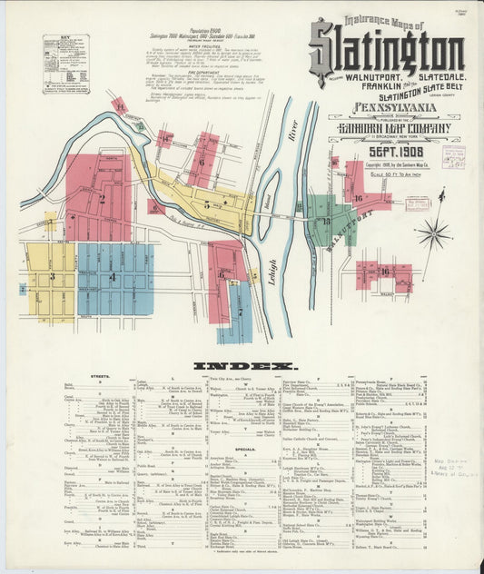 Sanborn Fire Insurance Map from Slatington, Lehigh County, Pennsylvania (1908), Sheet #0001 - Historic Sanborn Fire Insurance Map Print, vintage old map wall art, antique decor, genealogy gift, Pennsylvania Pennsylvania map