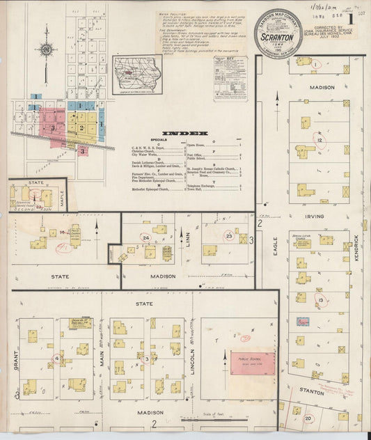 Sanborn Fire Insurance Map from Scranton, Greene County, Iowa (1932), Sheet #0001 - Historic Sanborn Fire Insurance Map Print, vintage old map wall art