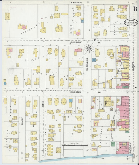 Sanborn Fire Insurance Map from Belvidere, Boone County, Illinois (1904), Sheet #0008 - Historic Sanborn Fire Insurance Map Print, vintage old map wall art, antique decor, genealogy gift, Illinois Illinois map