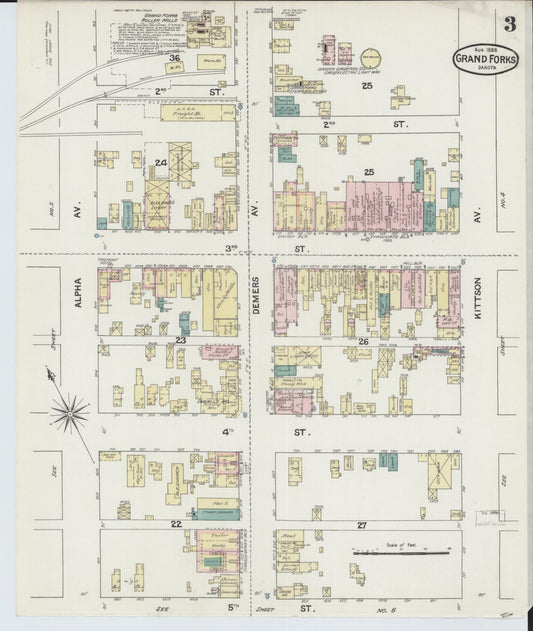 Sanborn Fire Insurance Map from Grand Forks, Grand Forks County, North Dakota (1888), Sheet #0003 - Historic Sanborn Fire Insurance Map Print, vintage old map wall art, antique decor, genealogy gift, North Dakota North Dakota map
