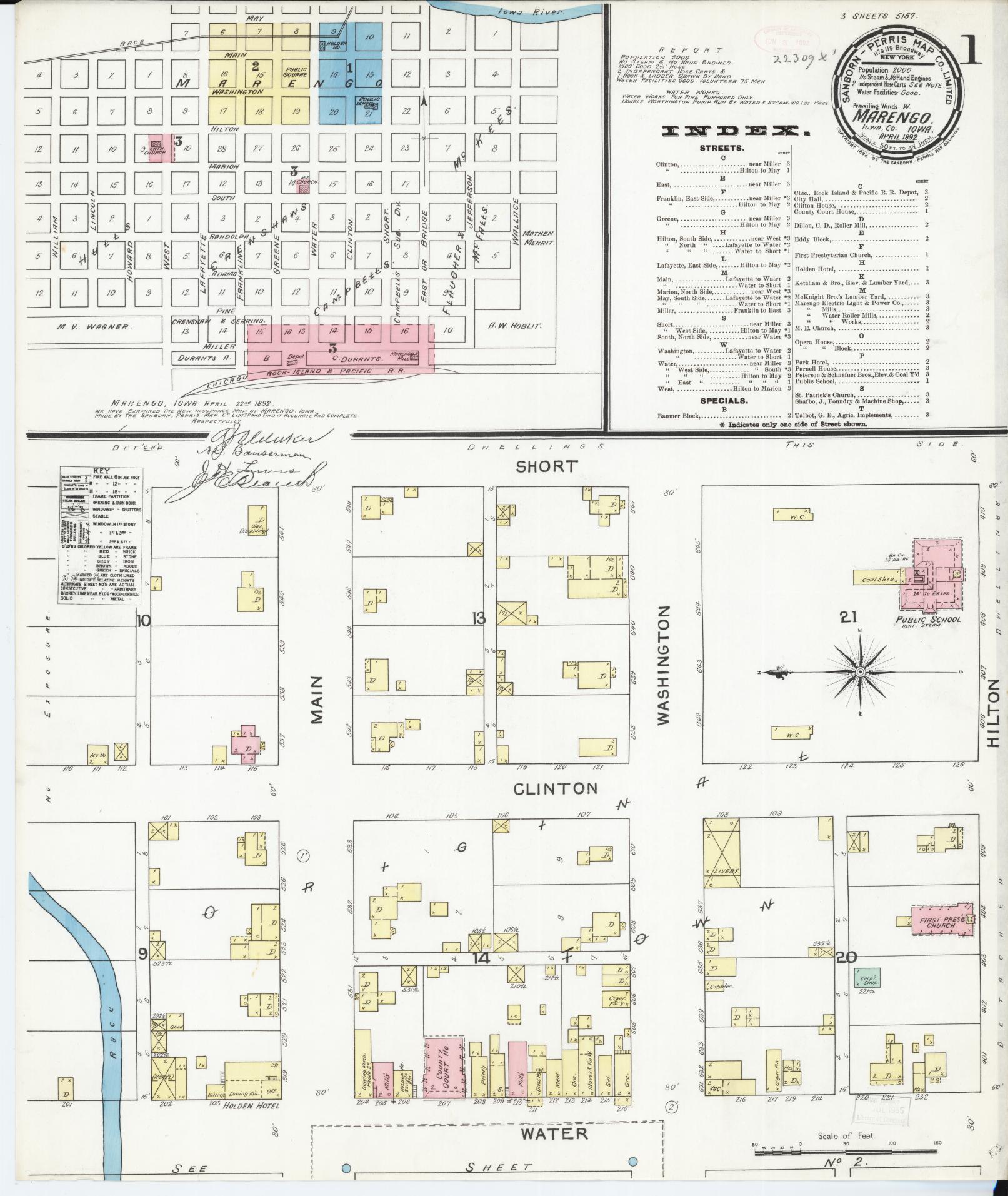 Sanborn Fire Insurance Map from Marengo, Iowa County, Iowa (1892), Sheet #0001 - Historic Sanborn Fire Insurance Map Print