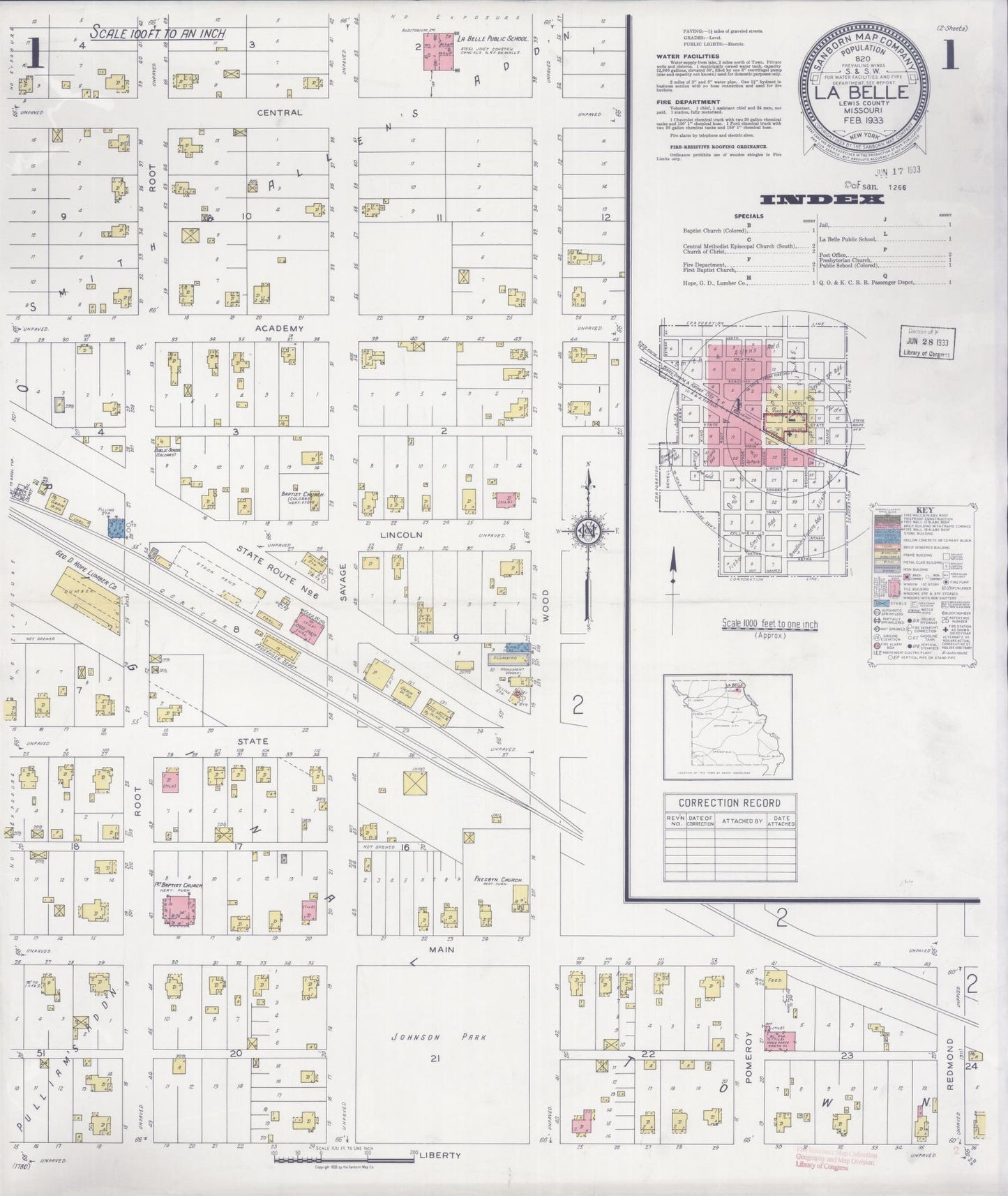 Sanborn Fire Insurance Map from La Belle, Lewis County, Missouri (1933), Sheet #0001 - Complete Map Set gallery image, historic Sanborn map, vintage wall art, Missouri Missouri