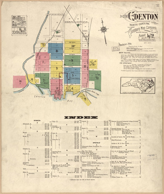 Sanborn Fire Insurance Map from Edenton, Chowan County, North Carolina (1920), Sheet #0001 - Historic Sanborn Fire Insurance Map Print, vintage old map wall art, antique decor, genealogy gift, North Carolina North Carolina map