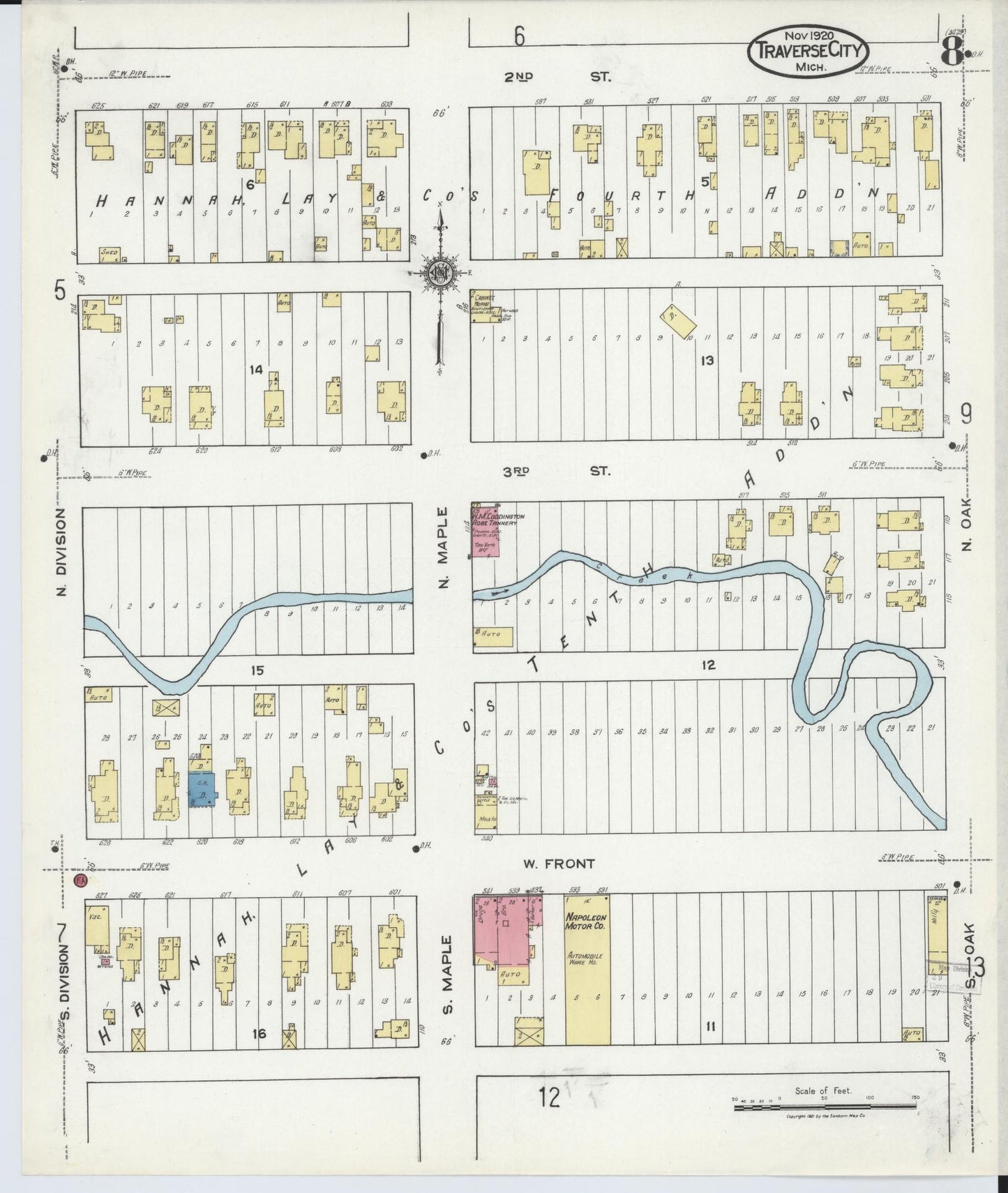 Sanborn Fire Insurance Map from Traverse City, Grand Traverse County, Michigan (1920), Sheet #0008 - Complete Map Set gallery image, historic Sanborn map, vintage wall art, Michigan Michigan