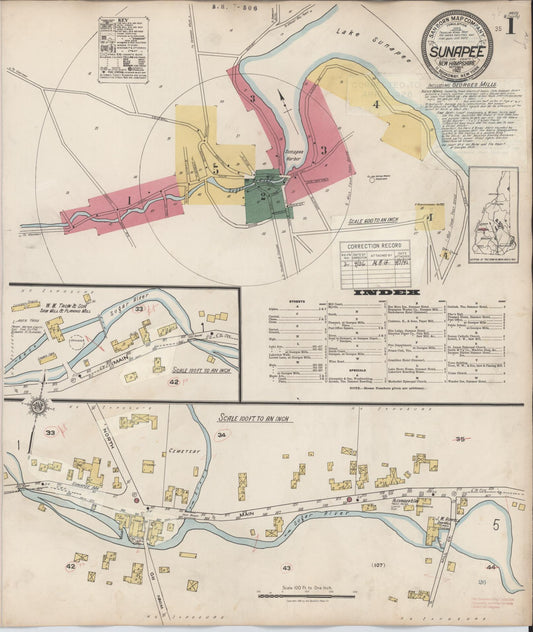 Sanborn Fire Insurance Map from Sunapee, Sullivan County, New Hampshire (1936), Sheet #0001 - Historic Sanborn Fire Insurance Map Print, vintage old map wall art, antique decor, genealogy gift, New Hampshire New Hampshire map