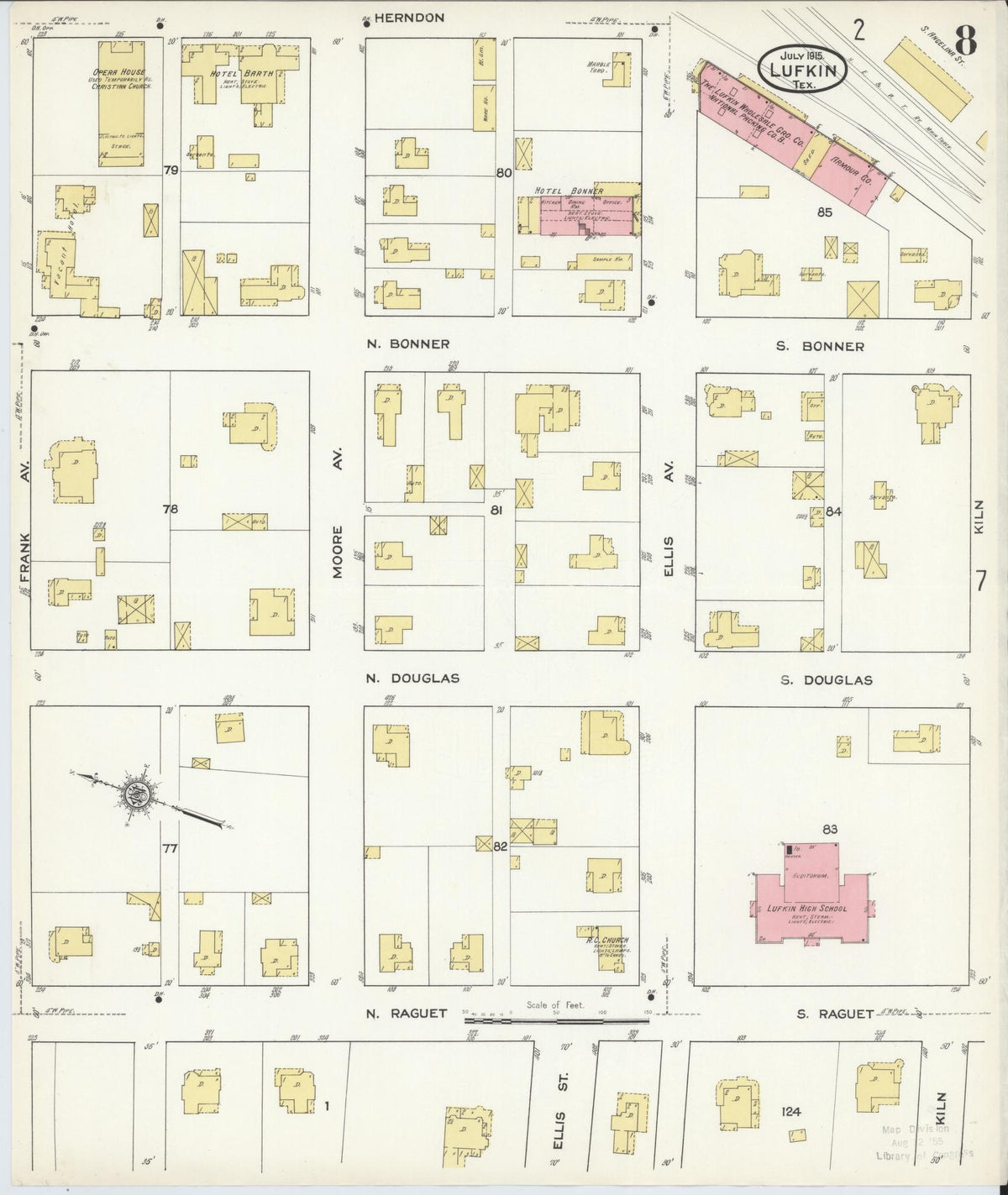 Sanborn Fire Insurance Map from Lufkin, Angelina County, Texas (1915), Sheet #0008 - Historic Sanborn Fire Insurance Map Print, vintage old map wall art, antique decor, genealogy gift, Texas Texas map