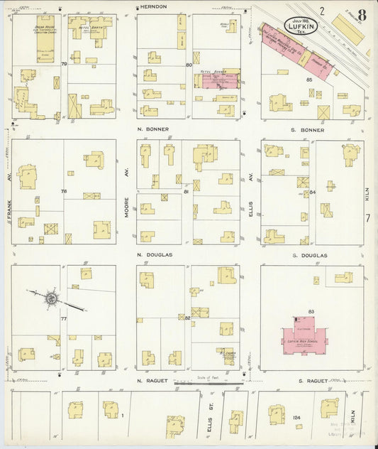 Sanborn Fire Insurance Map from Lufkin, Angelina County, Texas (1915), Sheet #0008 - Historic Sanborn Fire Insurance Map Print, vintage old map wall art, antique decor, genealogy gift, Texas Texas map