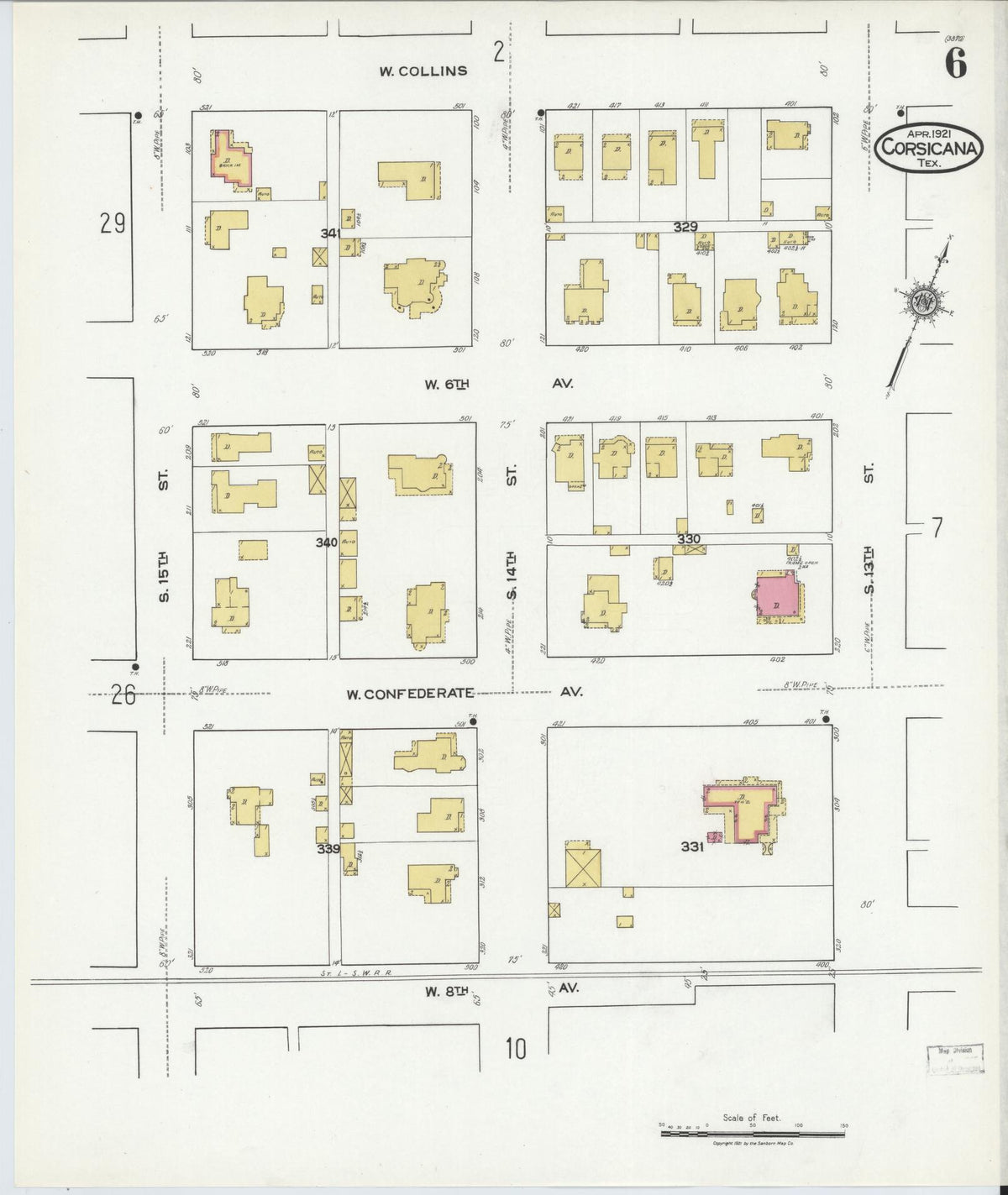 Sanborn Fire Insurance Map from Corsicana, Navarro County, Texas (1921), Sheet #0006 - Complete Map Set gallery image, historic Sanborn map, vintage wall art, Texas Texas