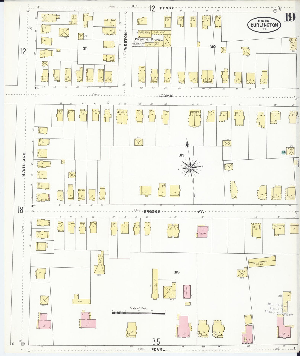 Sanborn Fire Insurance Map from Burlington, Chittenden County, Vermont (1906), Sheet #0019 - Historic Sanborn Fire Insurance Map Print, vintage old map wall art, antique decor, genealogy gift, Vermont Vermont map